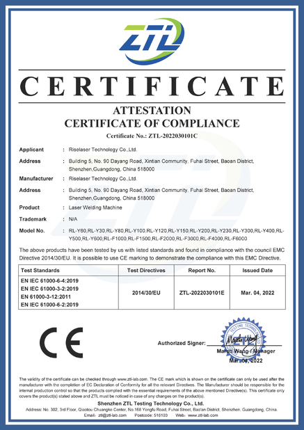 CHINA Riselaser Technology Co., Ltd Certificações